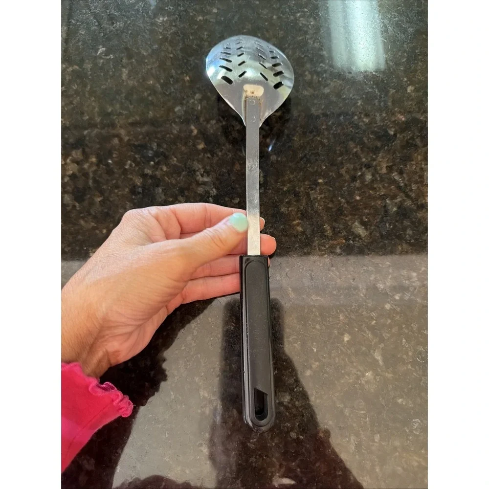 Vintage GOOD COOK Stainless Metal Slotted Serving Spoon Utensil w/ Black Handle
